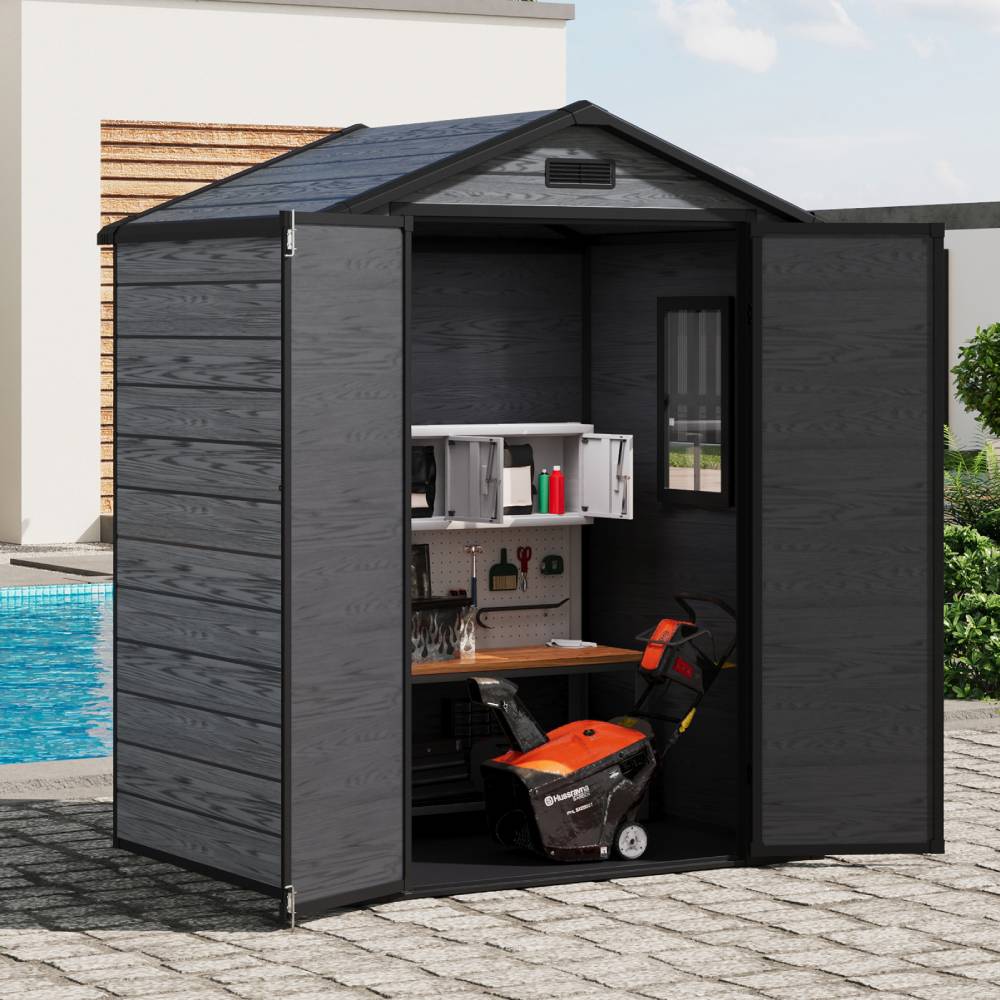 6x4.4 Ft Outdoor Plastic Storage Shed With Floor, Window, Vents & Double Lockable Doors,wood Grain Design