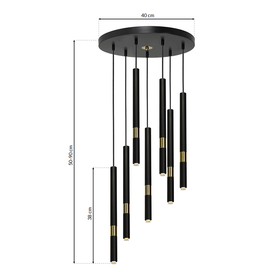 Monza Designer Black Pendant Lamp (7xg9) High Quality Hand Made From Matt Black Alloy With Luxurious Gold Detail