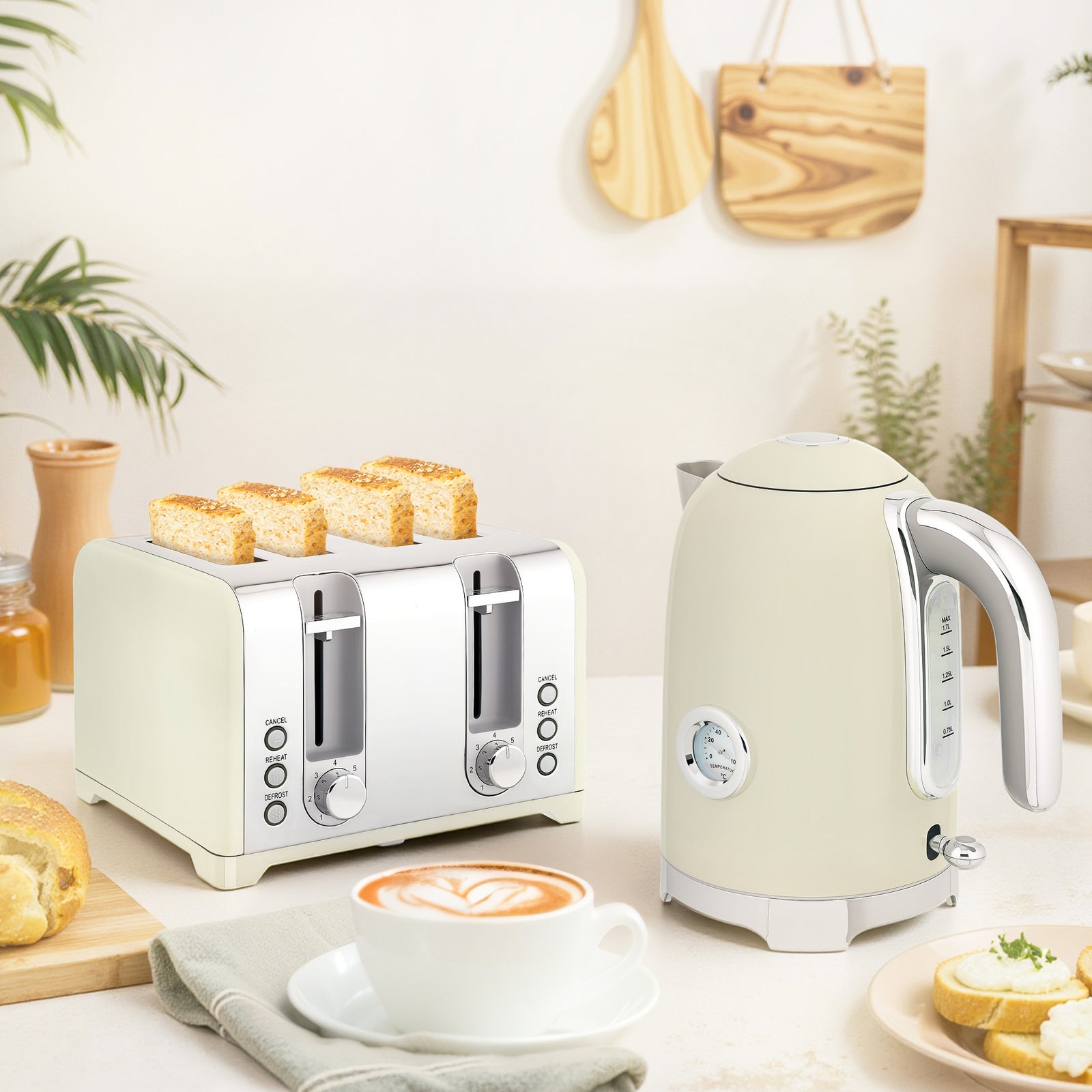 3000w 1.7l Kettle With Retro Thermometer, 4 Slice Toaster Set | Grey