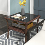 50cm Pe Rattan Coffee Table, Two-tier With Glass Top | Brown