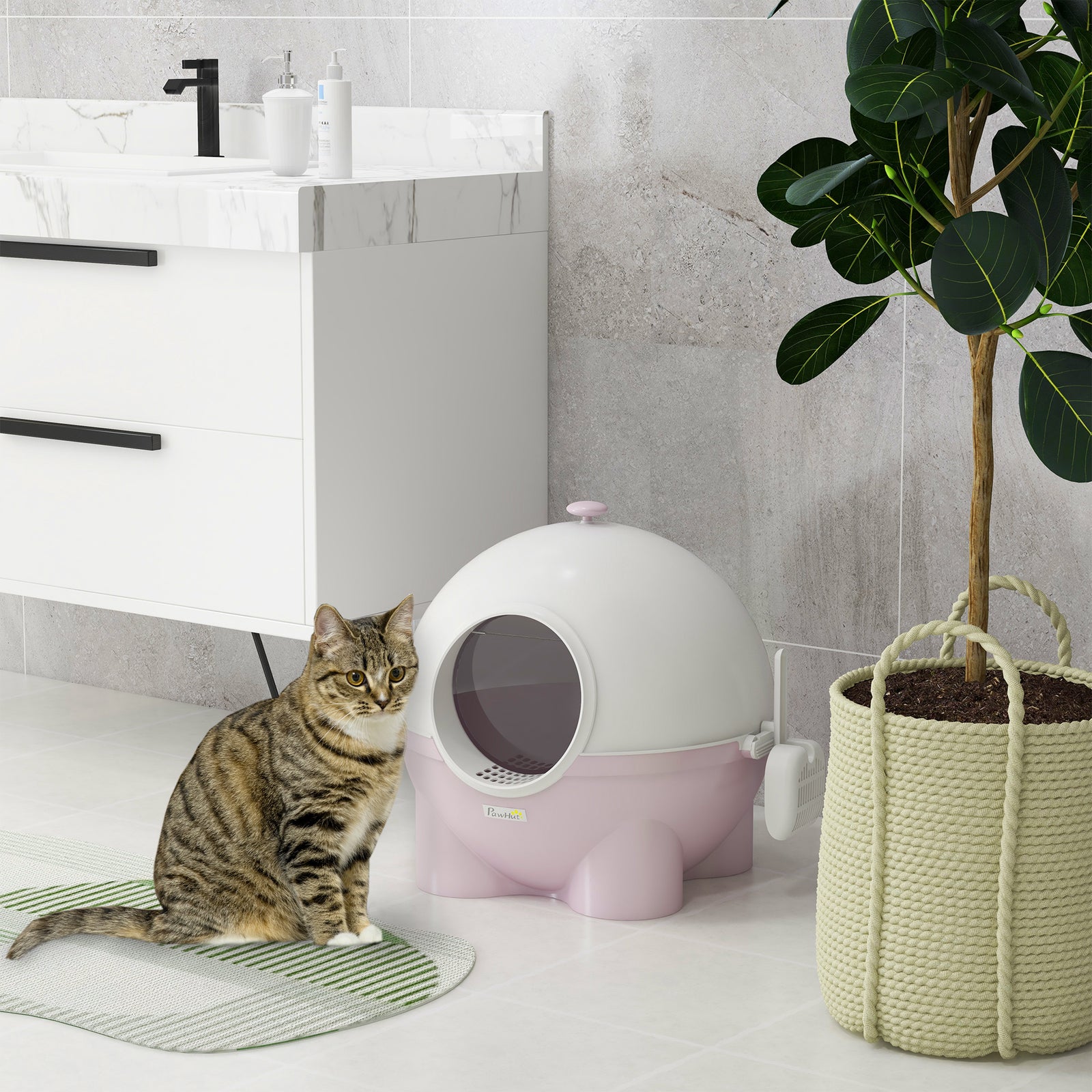 Large Cat Litter Box, Hooded Tray W/ Scoop | Pink