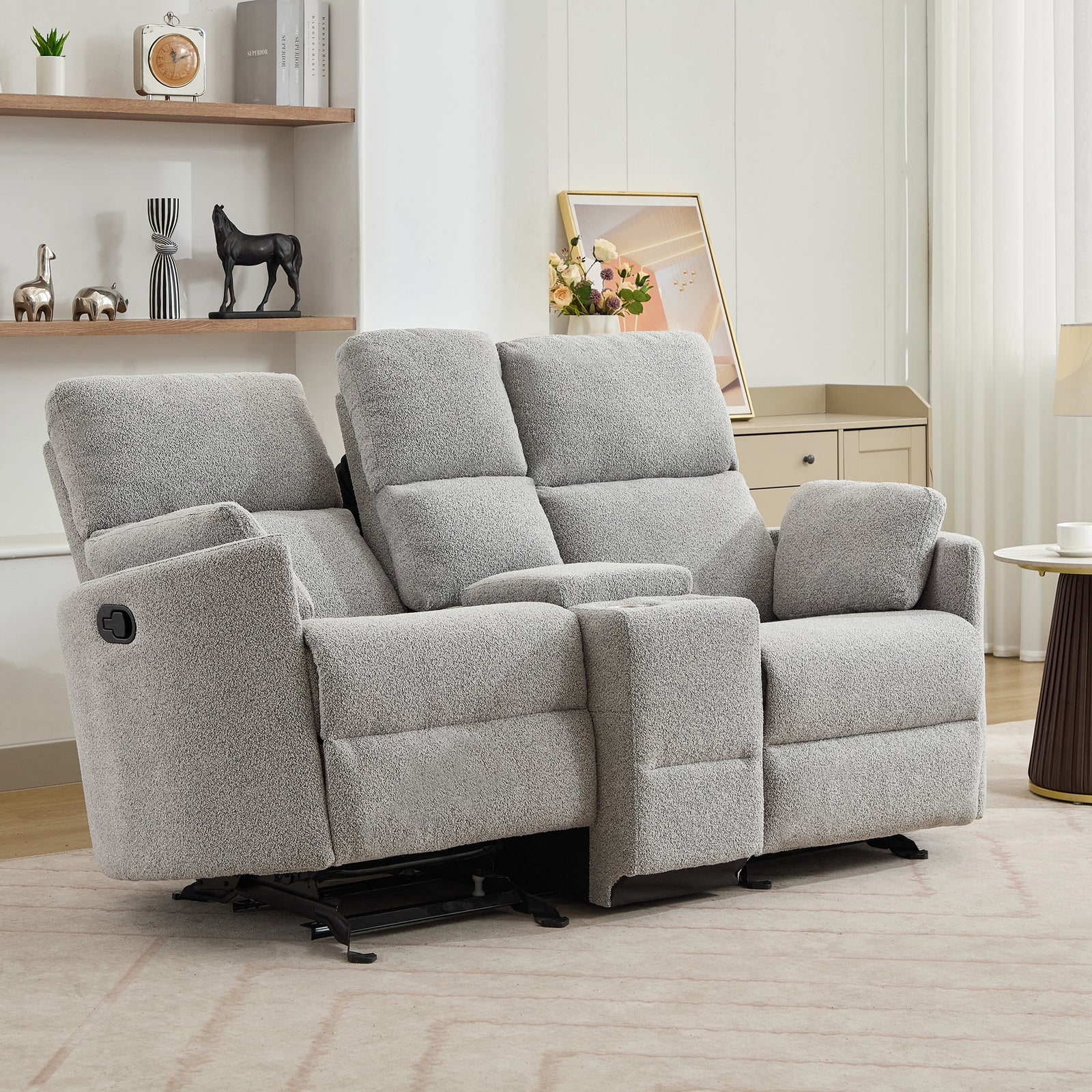 Powell 2 Seat Rocker Recliner Sofa With Centre Console | Light Grey