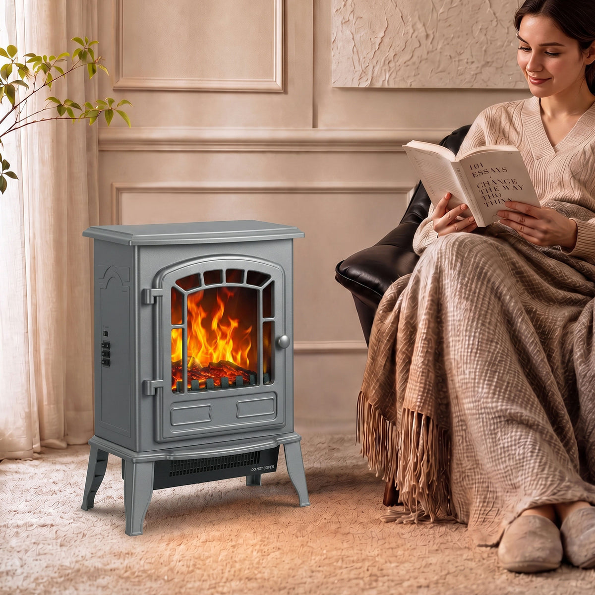 Freestanding Electric Fireplace Stove With Led Flame, 2000w | Grey
