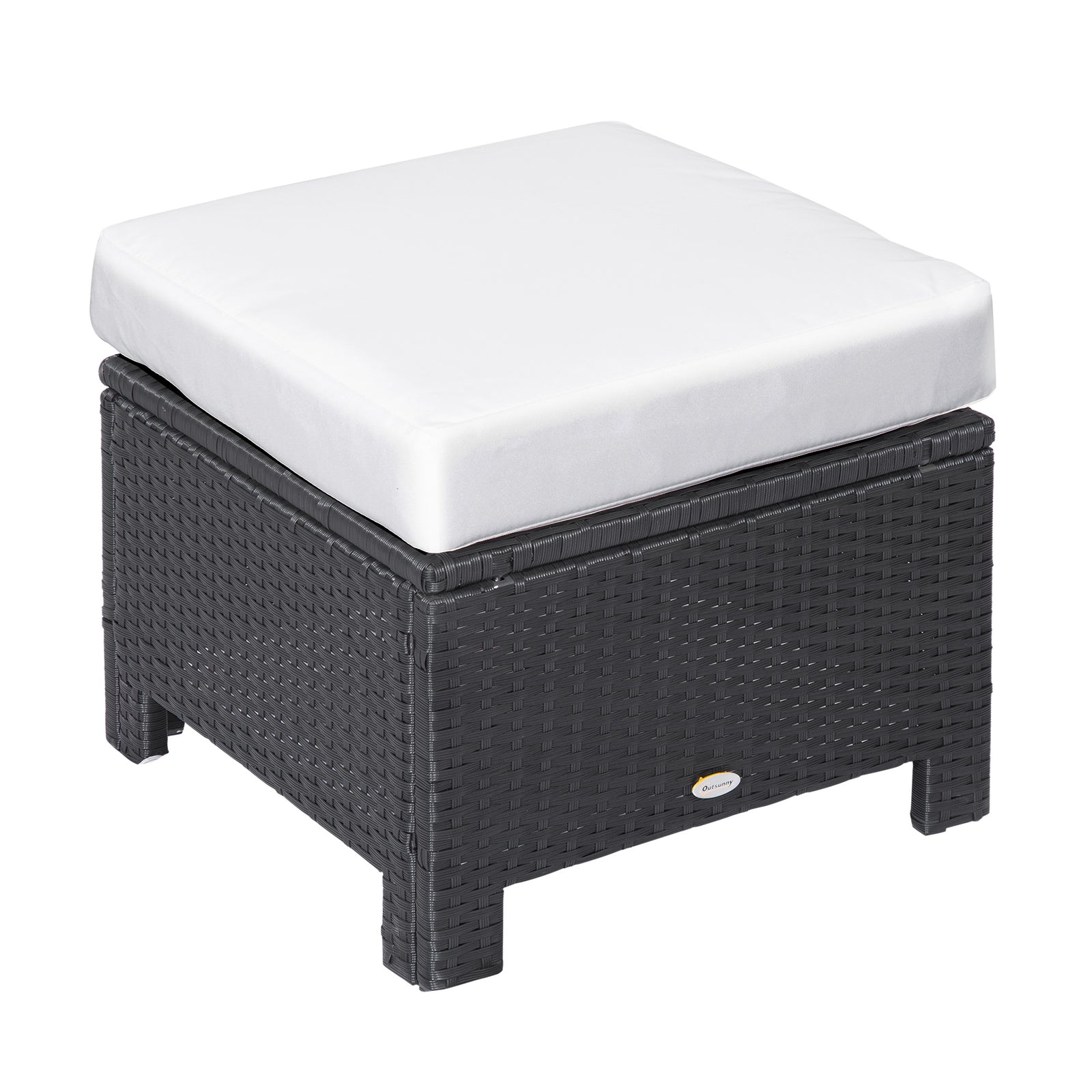 Rattan Footstool Wicker Ottoman With Padded Seat Cushion | Black