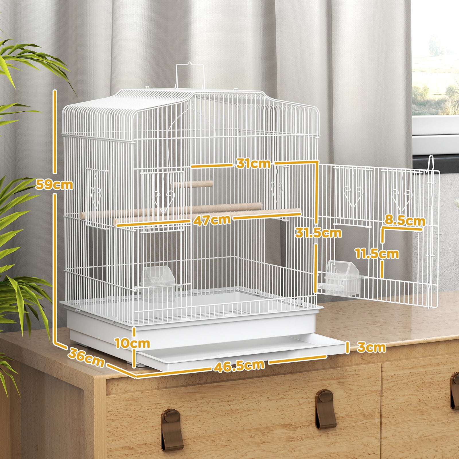 59cm Large Bird Cage With Perches, Food Bowls, Swing, White