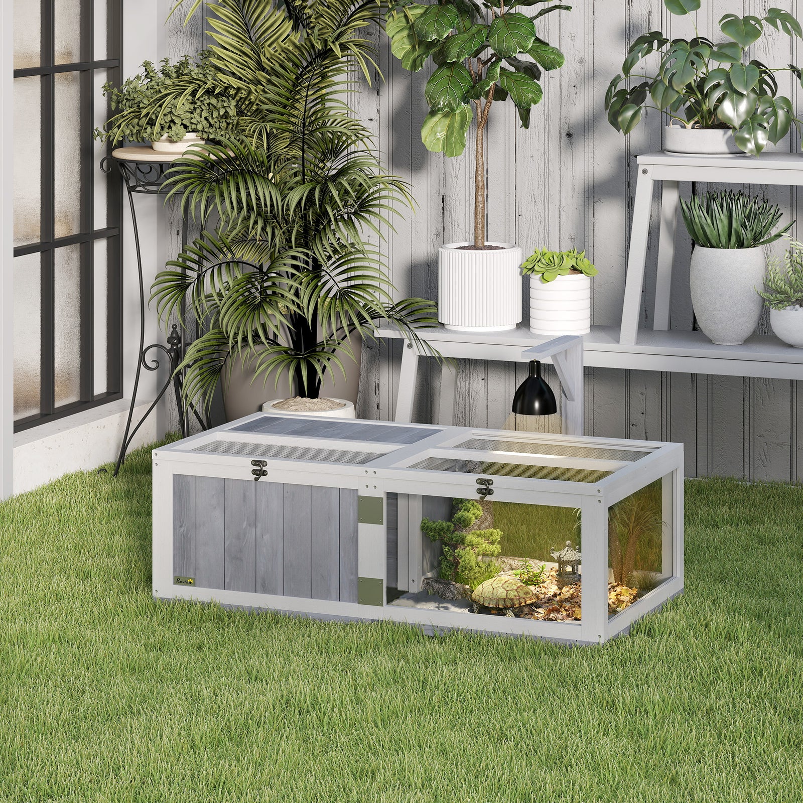 Pawhut Wooden Tortoise House With Lamp Holder, Clear Observation Windows