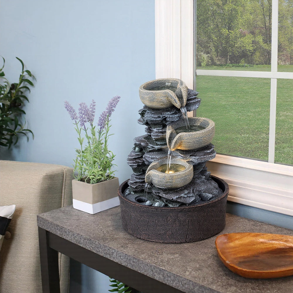 3-tier Cascading Bowls Design Tabletop Waterfall Fountain With Led Lighting