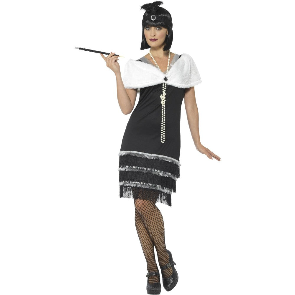 Flapper Costume, Black, With Dress & Fur Stole | Plus X1
