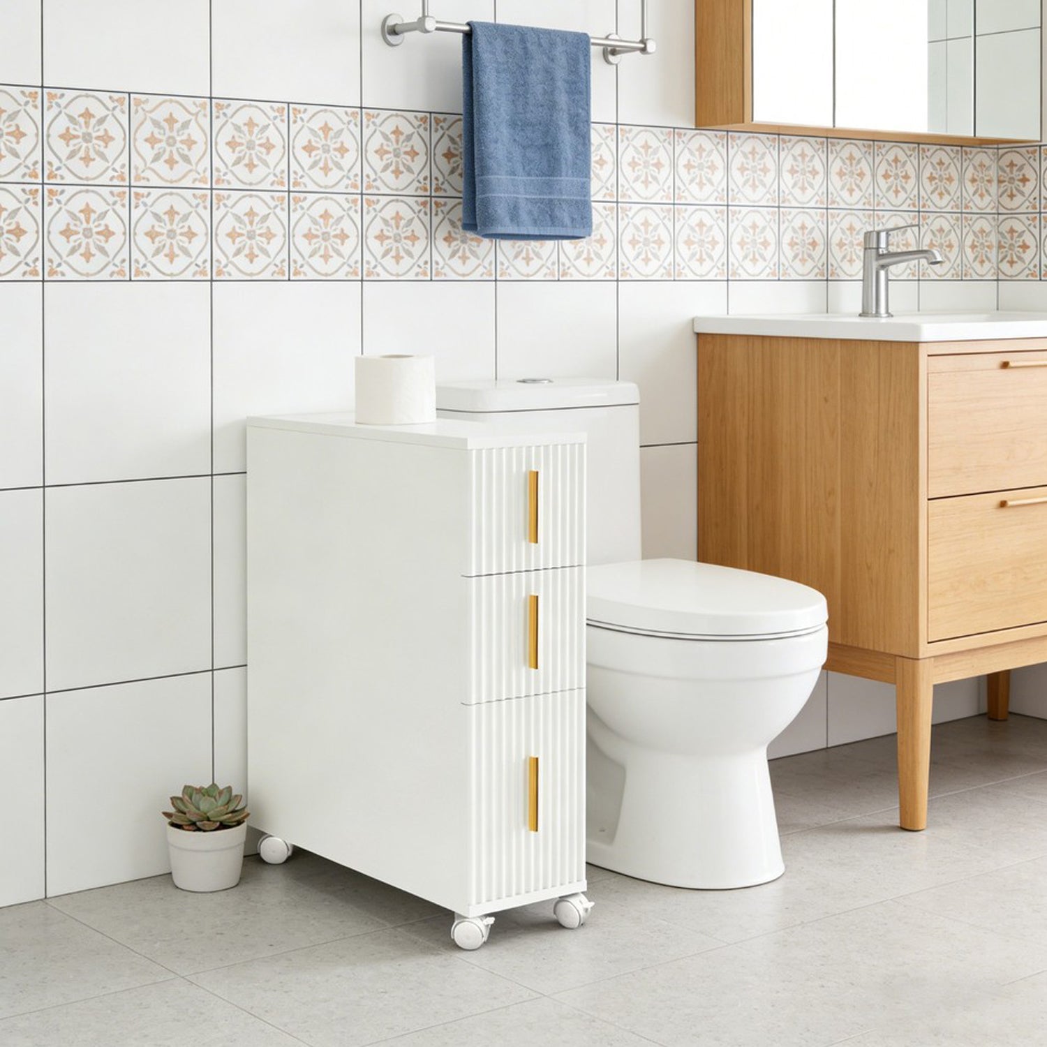 HYGRAD BUILT TO SURVIVE Slim Narrow Bathroom Storage Cabinet On Wheels – 3 Drawer Toilet Roll Holder Unit