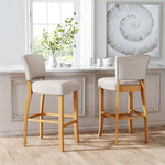 Set Of 2 Beige Linen Upholstered Bar Stools – Armless Counter Chairs With Solid Hardwood Legs, Modern Style