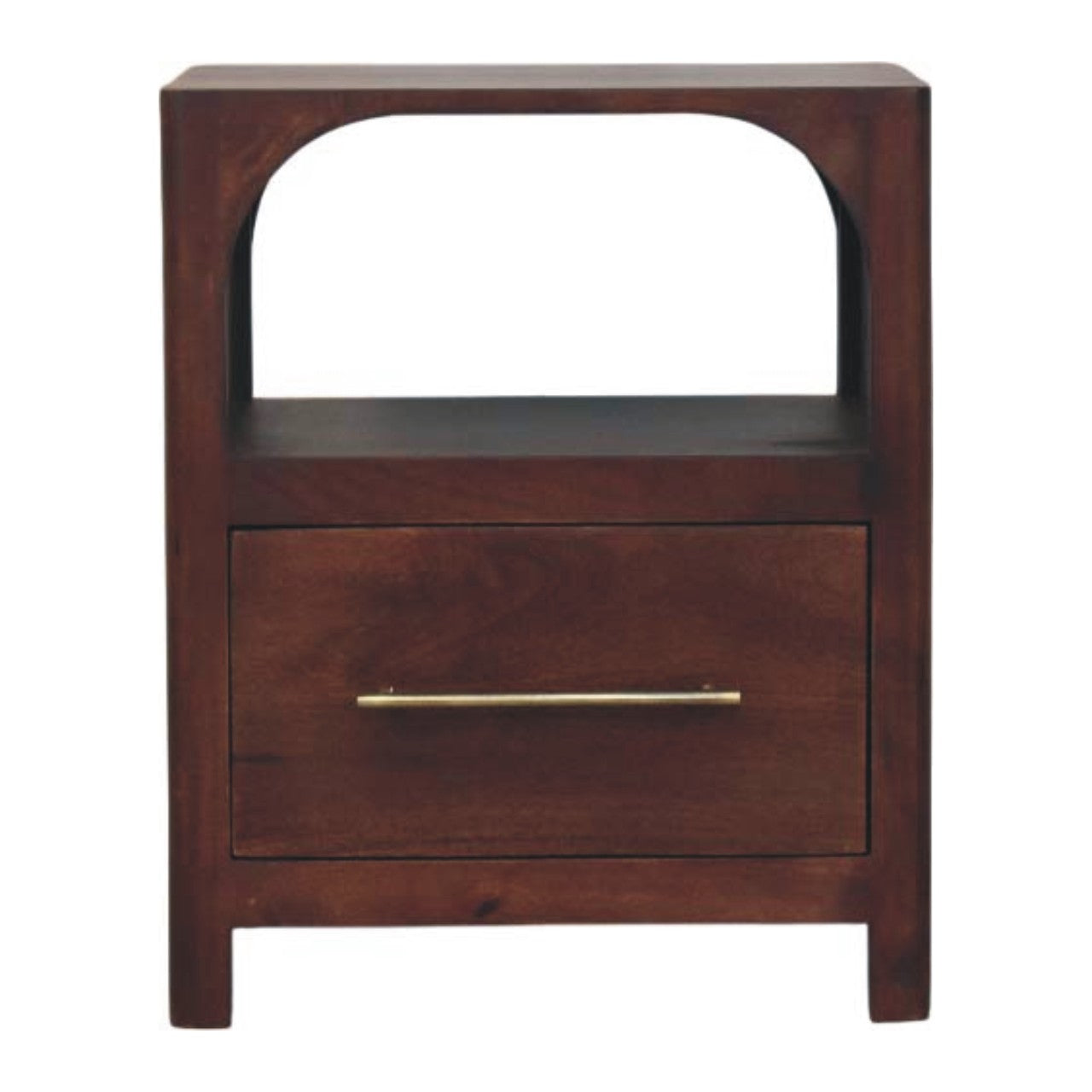 Arched Edge 1 Drawer and 1 Open Shelf Bedside, Warm Brown