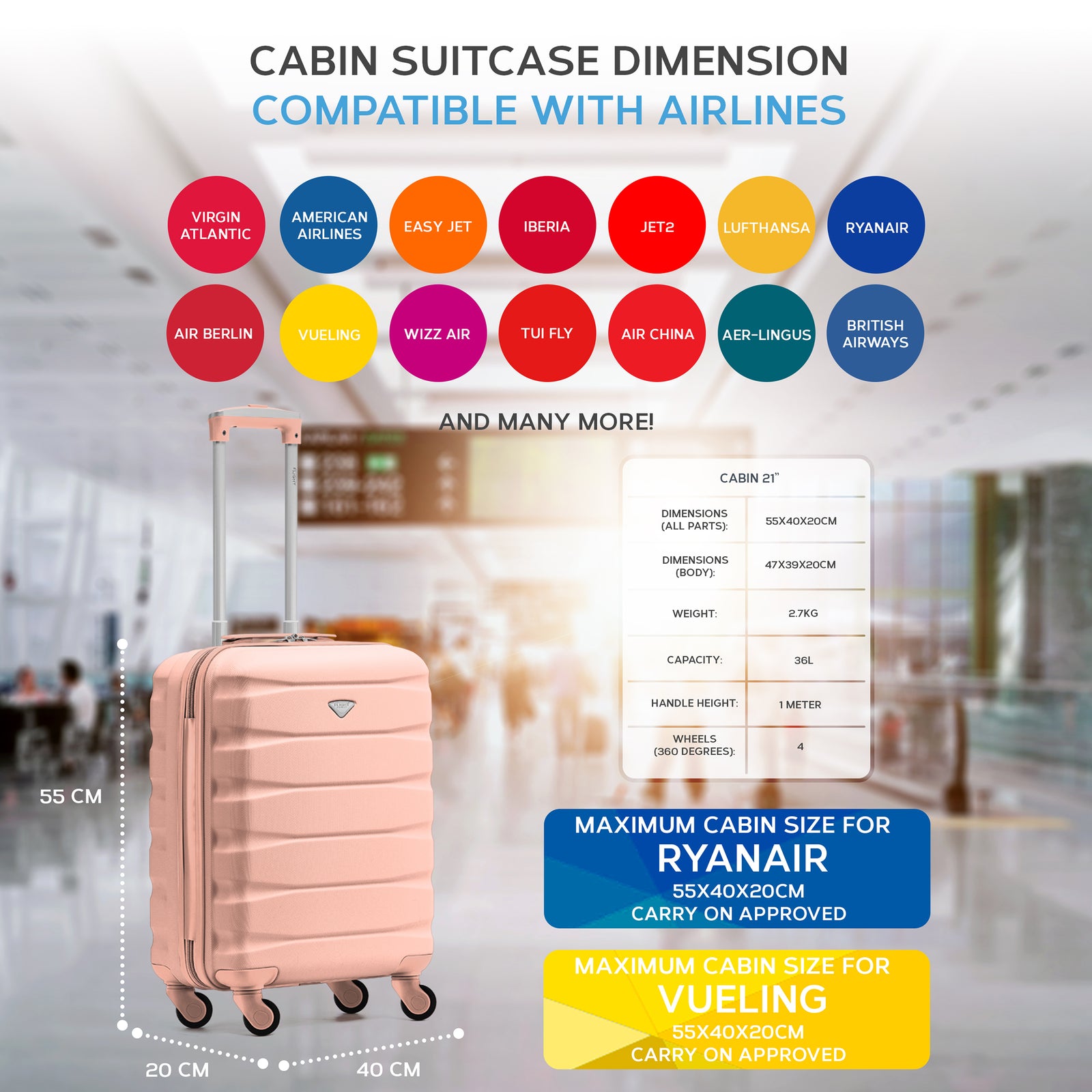 55x40x20cm Lightweight Luggage Hard Shell Cabin Suitcase 60+ Airlines Approved - Carry On Case - 4 Wheels | 55 x 40 x 20cm | Rose Gold