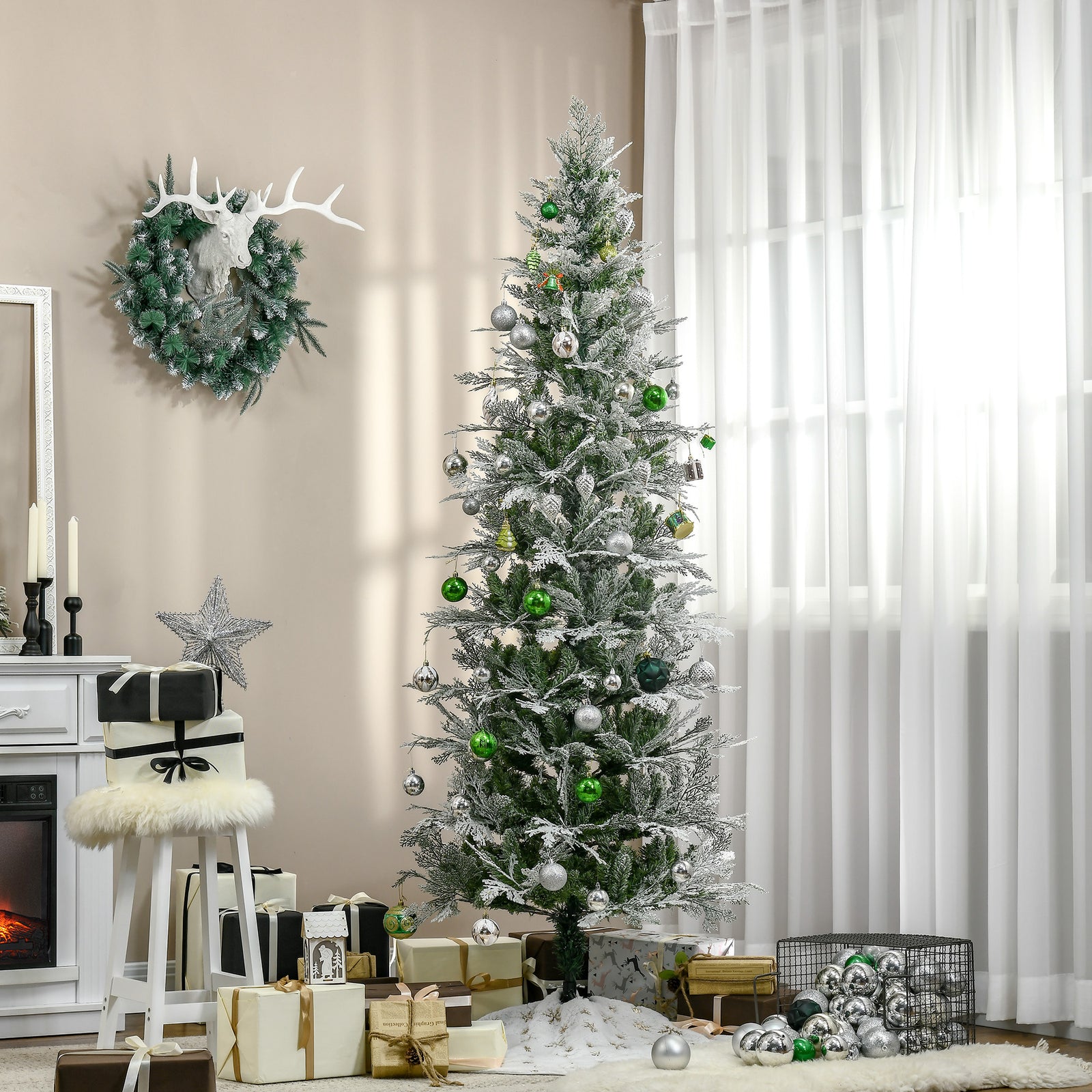 6/7ft Snow Flocked Artificial Christmas Tree Pencil Shape | 7ft | Green