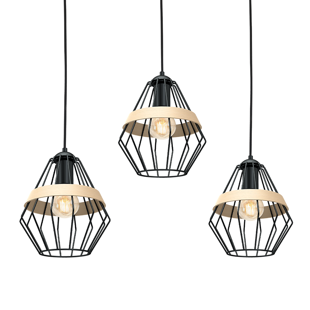 Cliff Black Pendant Lamp 3xe27 Hand Made Matt Black Cage Style Lamps With Natural Wood Detail