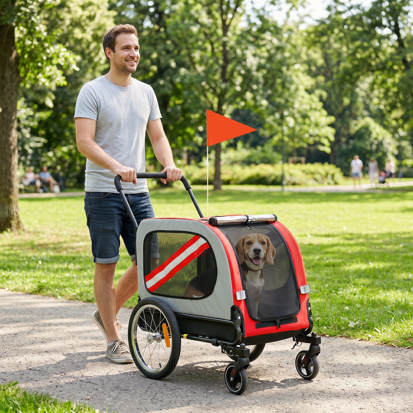 2-in-1 Dog Bike Trailer Stroller With Reflector Flag | Red