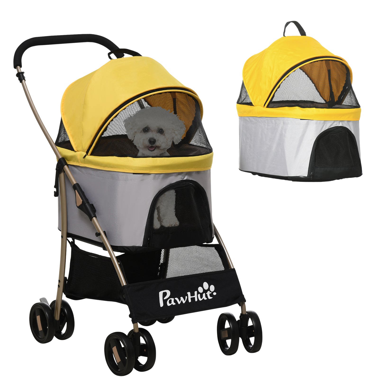 3 In 1 Pet Stroller, Detachable Dog Cat Travel Carriage | Yellow
