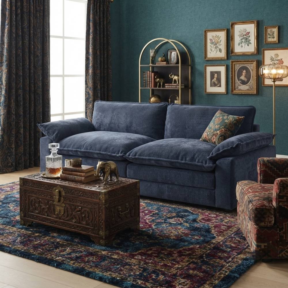 Modular Sofa Set With Chenille Upholstery And Wooden Frame | Blue