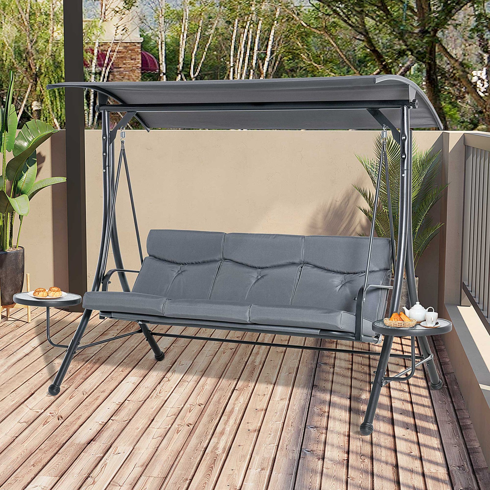 3 Seater Garden Swing, Adjustable Canopy, Grey | Gray