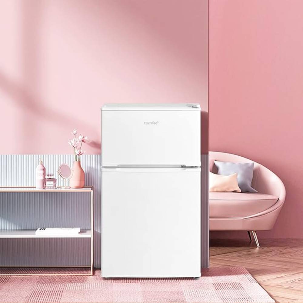 Comfee 87l Mini Fridge Freezer, 2-door Refrigerator With Led Light, Shelves, Drawer & Adjustable Thermostat | White