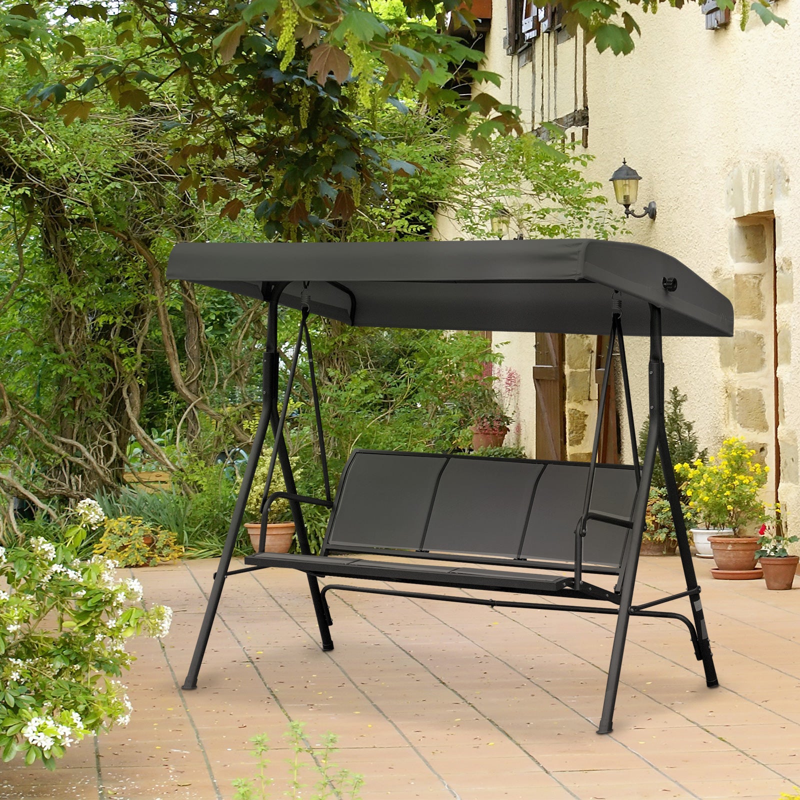 3 Seater Garden Swing Patio Hammock With Canopy For Outdoor | Black