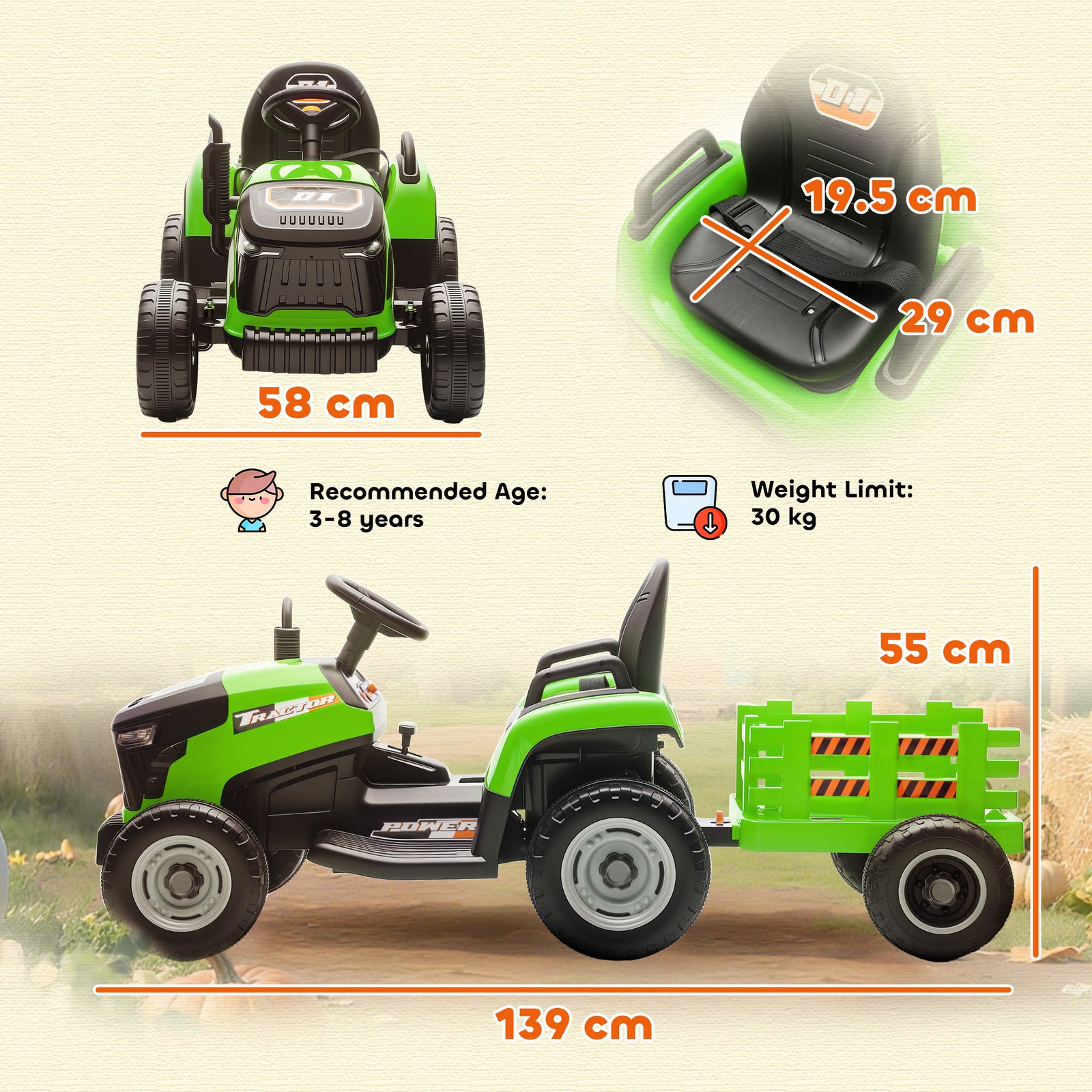 Ride On Tractor And Trailer, 12v Electric Ride On Tractor | Green