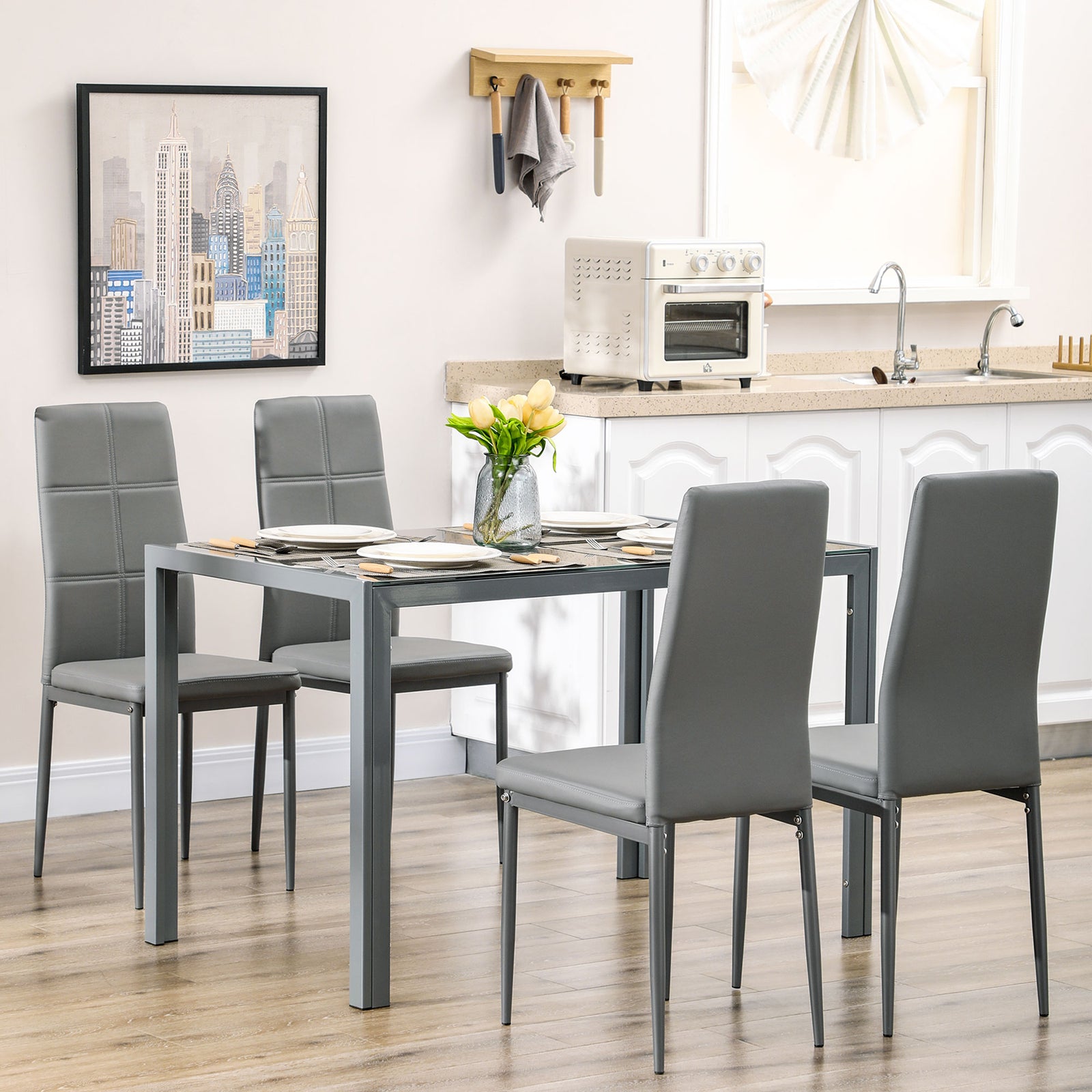 5pc Dining Set, Glass Top, Pu Leather Chairs