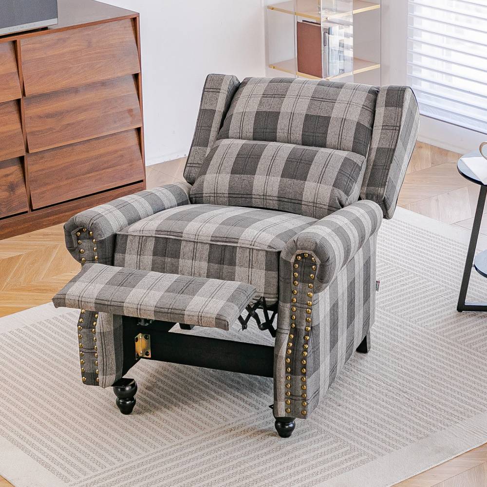 Gray Checkered Retro Fabric Upholstered Sofa Pushback Reclining Chair Armchair