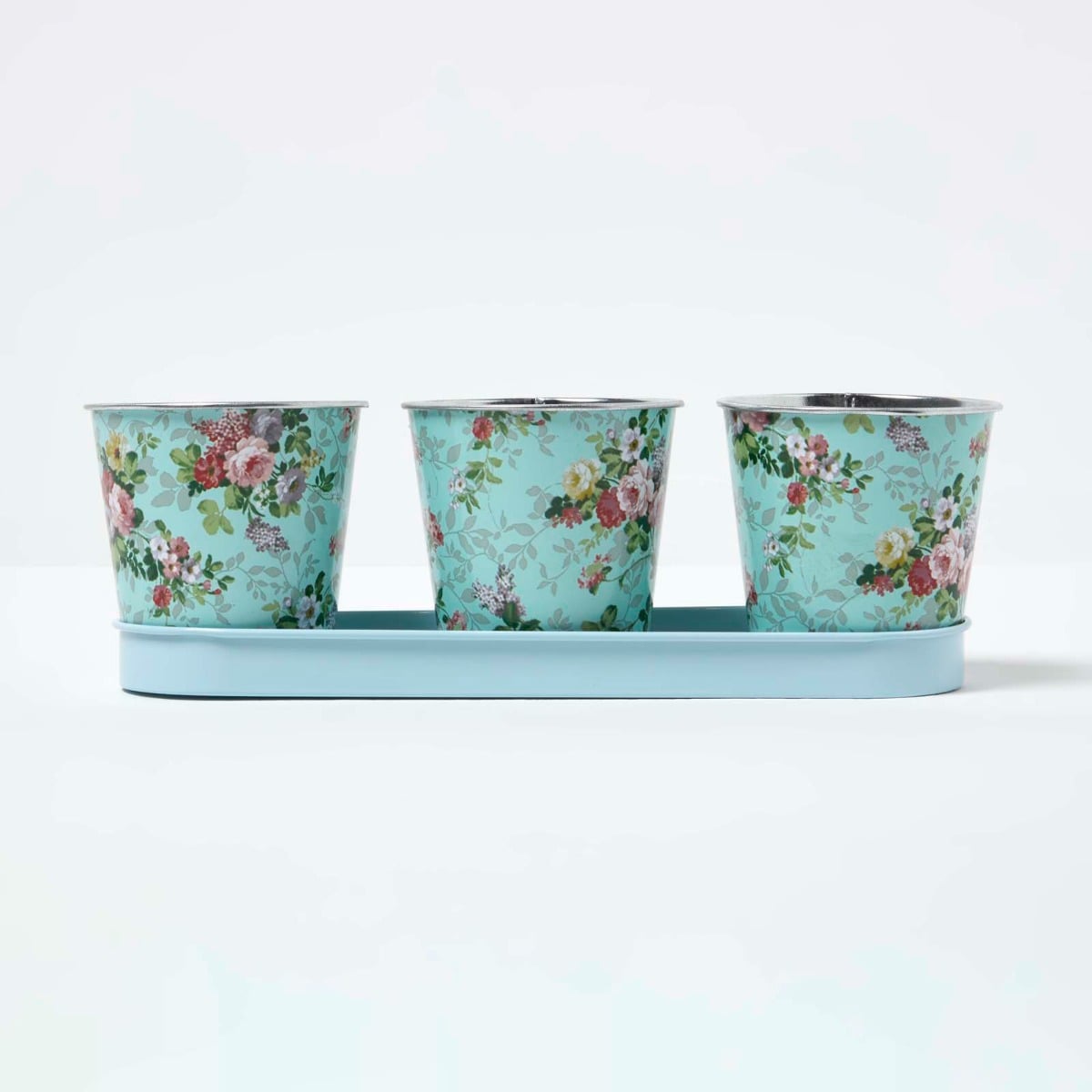 HOMESCAPES Set Of 3 Herb Pots With Tray, Rose Print