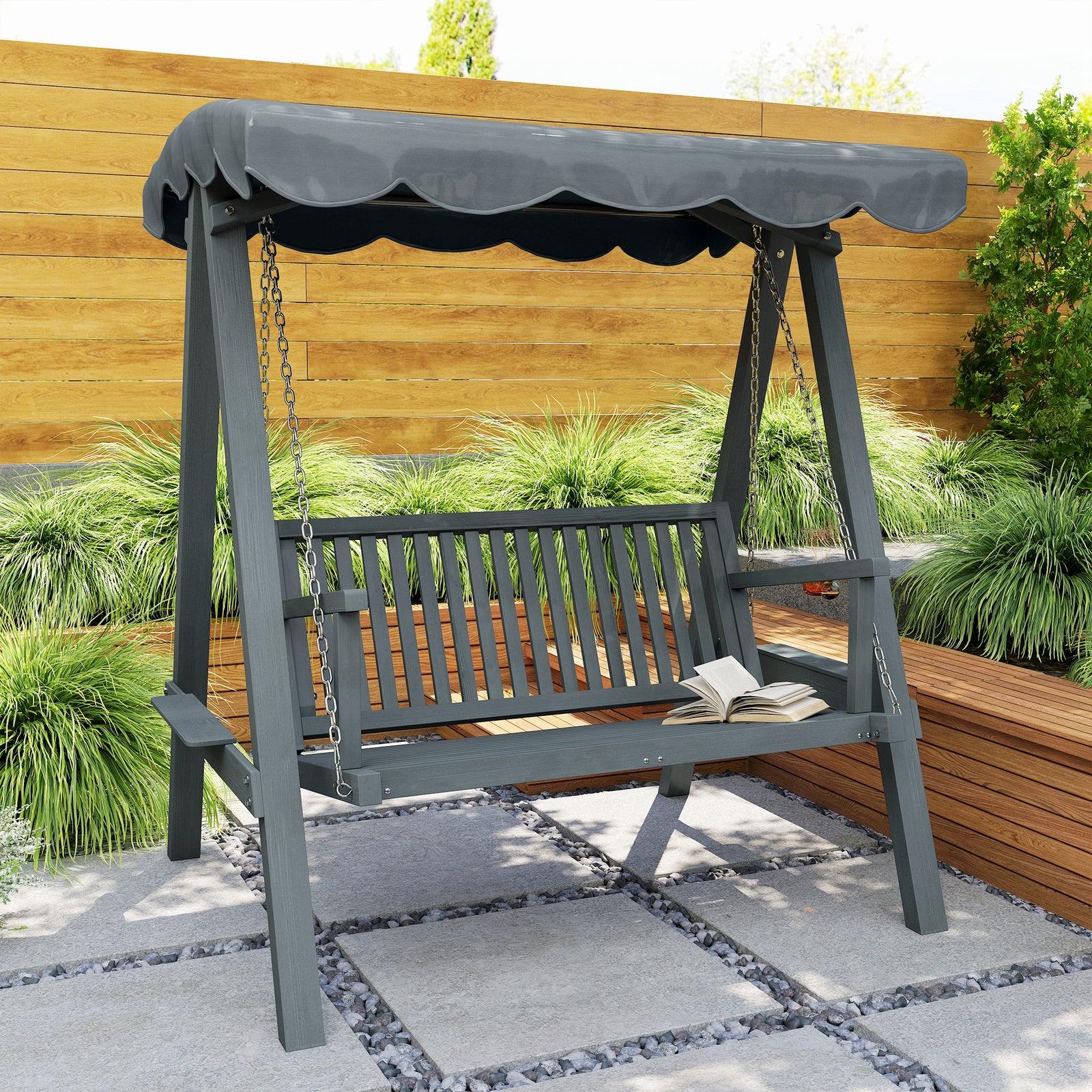 Outsunny 2 Seater Garden Swing Seat With Canopy, Outdoor Hammock Bench, Grey