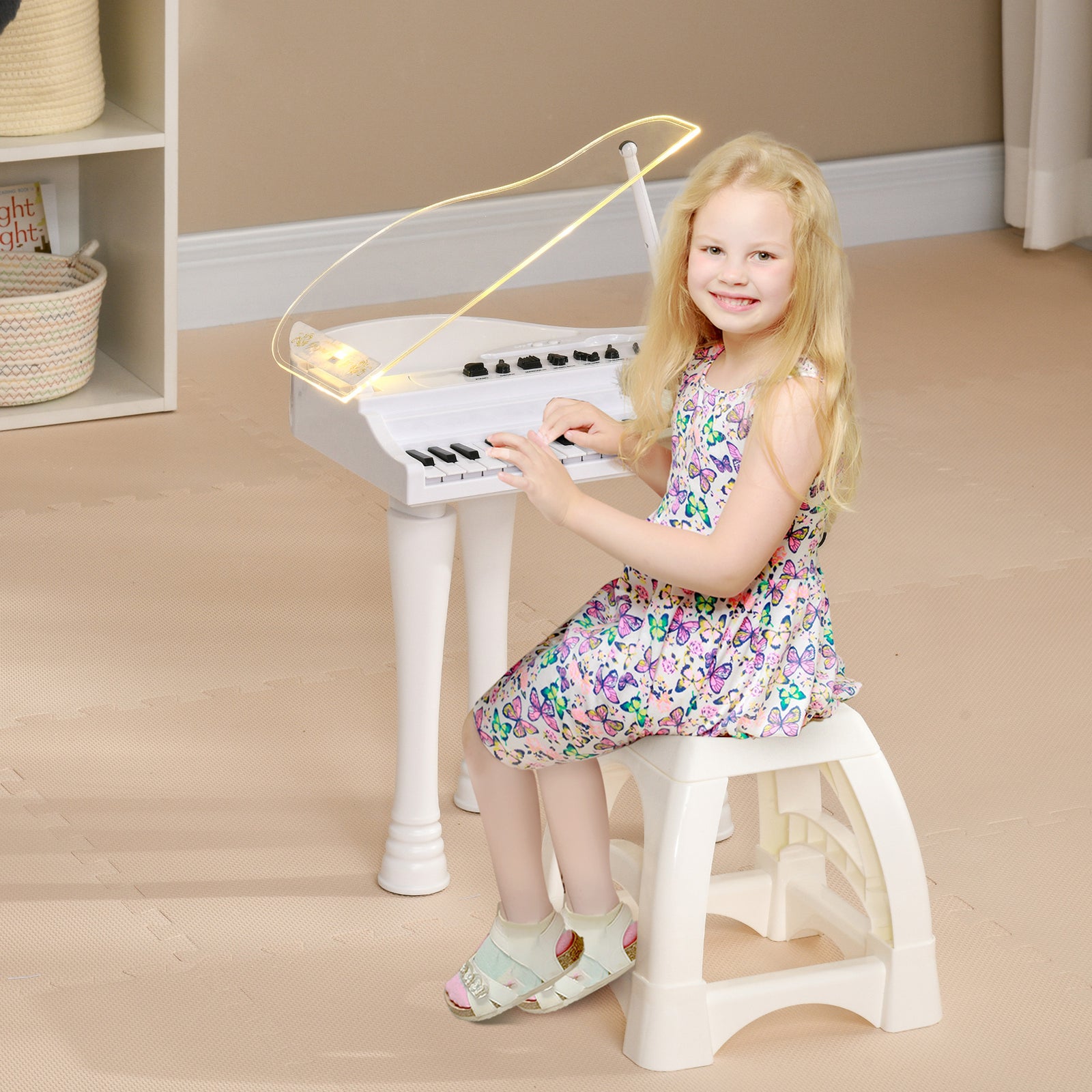 32 Keys Kids Piano Keyboard With Stool, Lights, Microphone | White