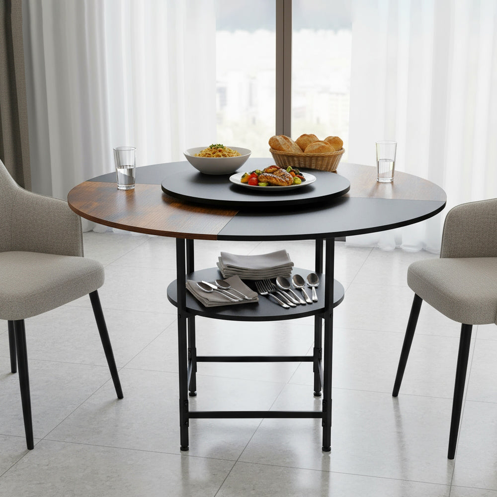 116cm Dia Retro Two-tone Dining Table With Lazy Susan And Storage Shelf