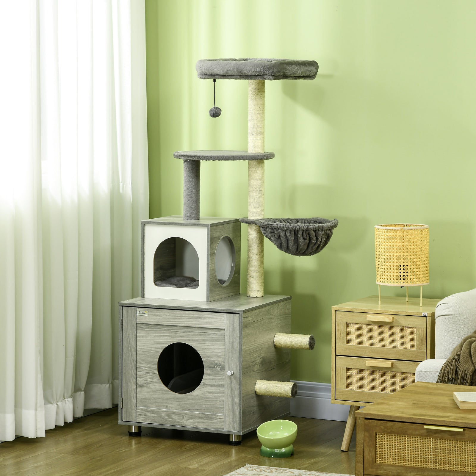 Cat Litter Box Enclosure, With Cat House, Bed, Scratching Posts, Platform