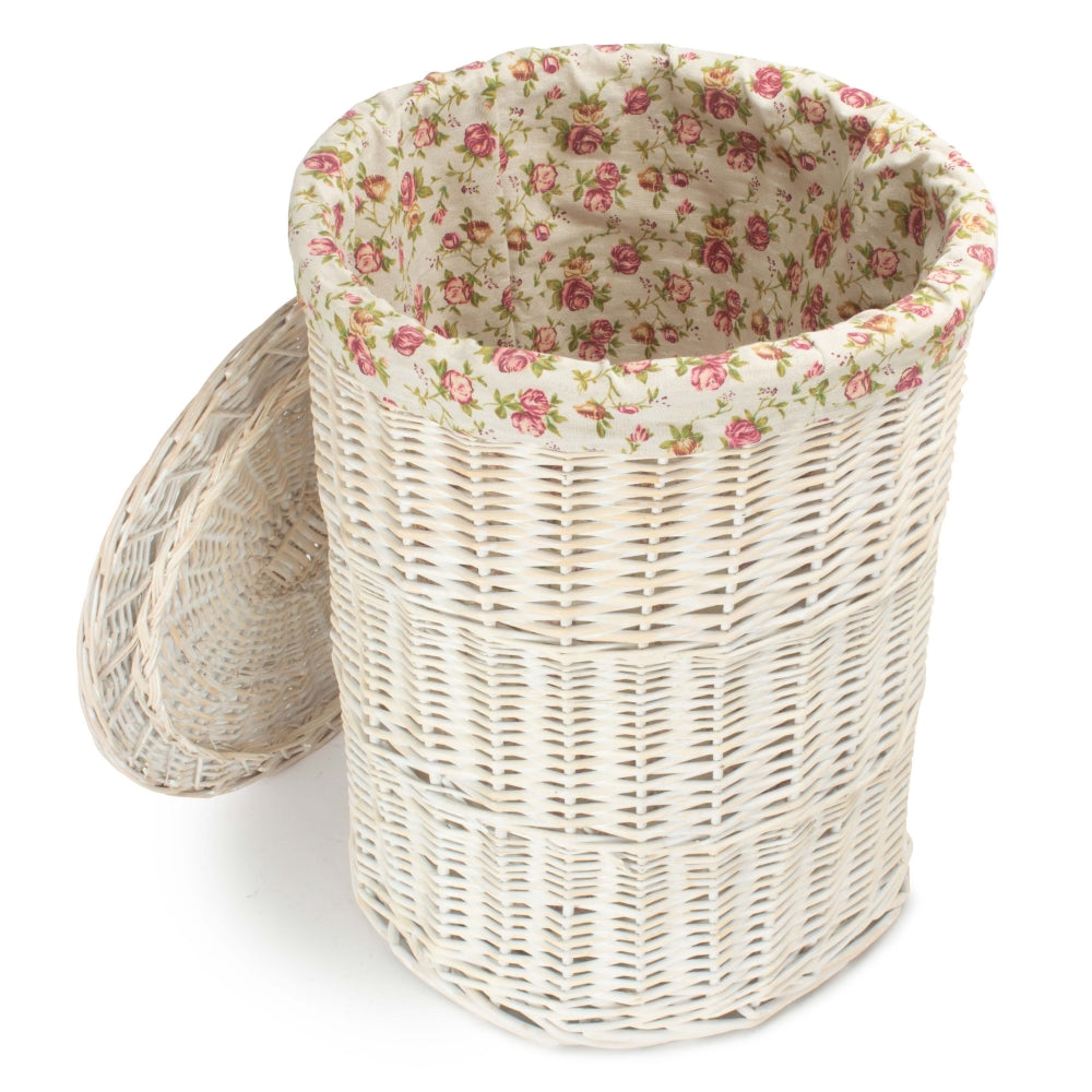 Round White Wash Laundry Hamper With Garden Rose Lining | Set of 2 | Pink