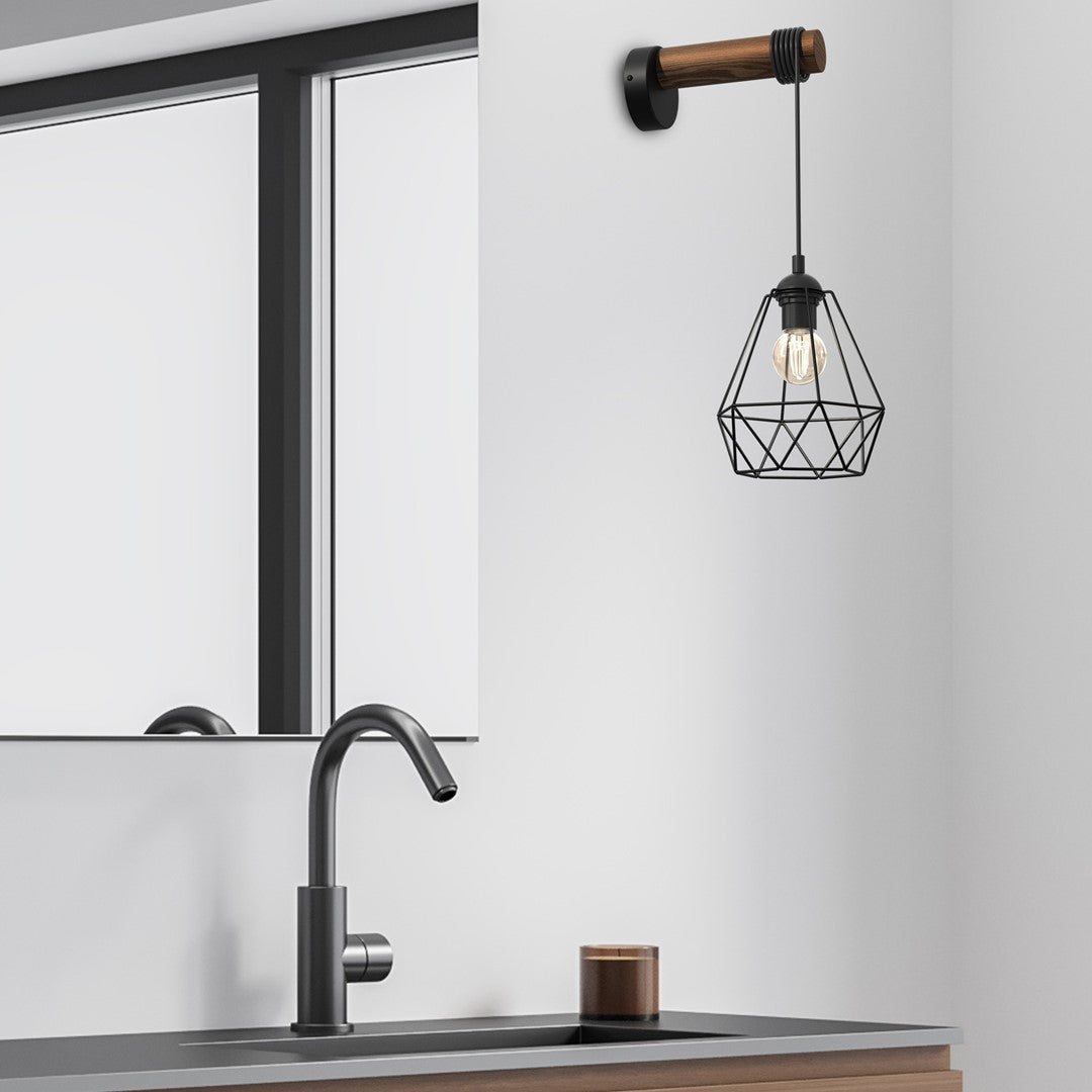Acero Wall Lamp 1xe27 This Hand Made Industrial Style Lamp Is Hand Made From Sleek Black Steel And Natural Dark Wood