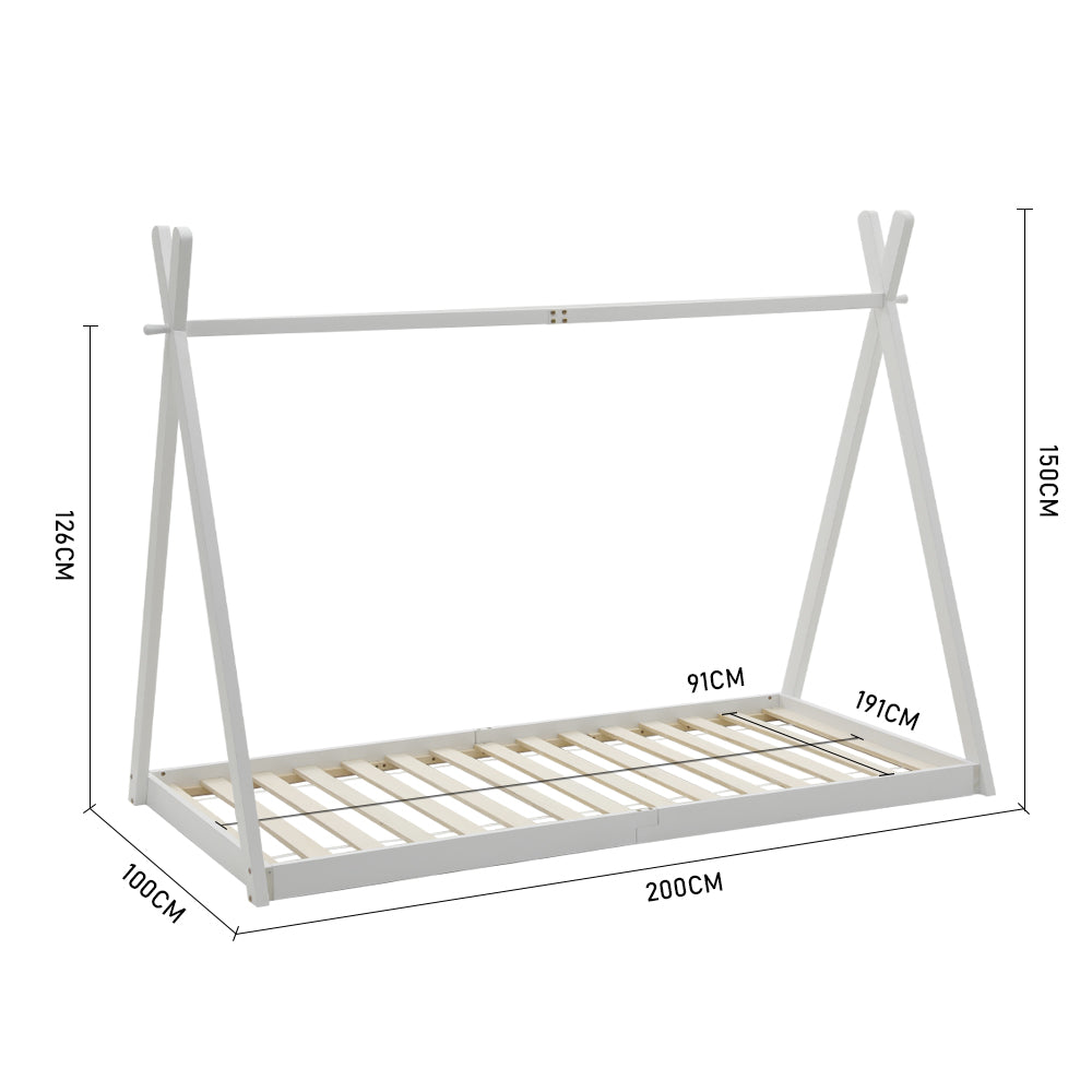Montessori Kids House Bed Frame – 190cm X 90cm Solid Pine Wood Low Floor Bed With Triangular Roof Design, White Toddler Single Bed