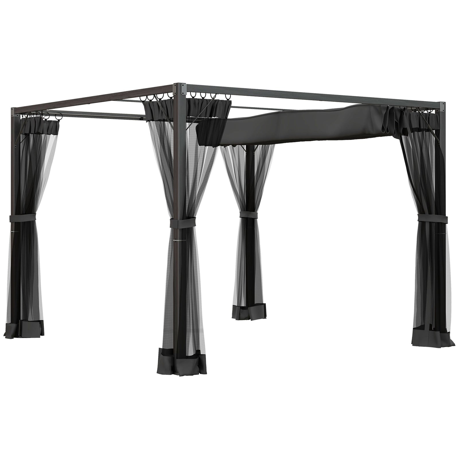 Retractable Pergola Canopy With Netting, Metal Frame | Medium | Dark Gray