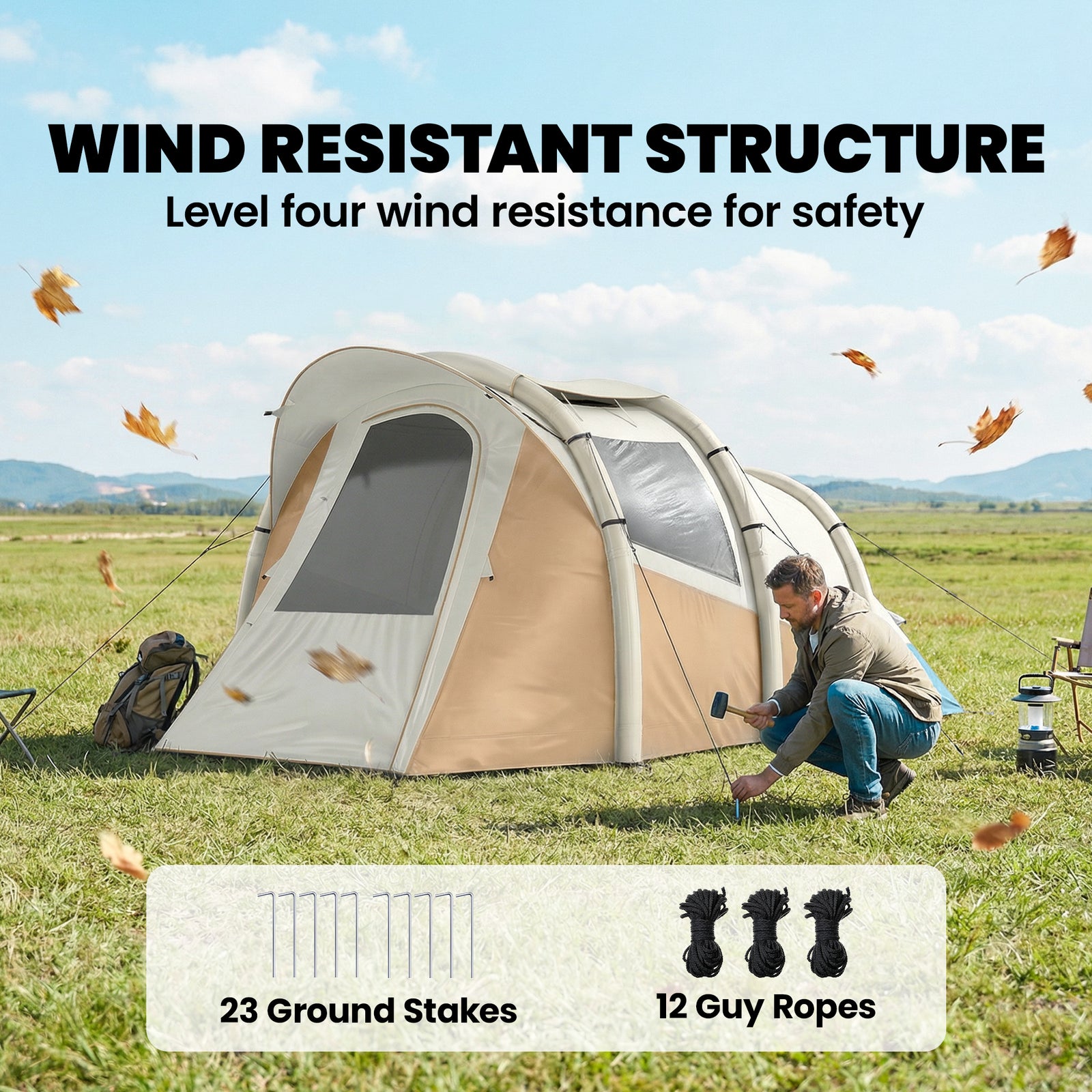 Inflatable Camping Tent W/ Air Pump, 2-3 Person Blow Up Tent | Khaki