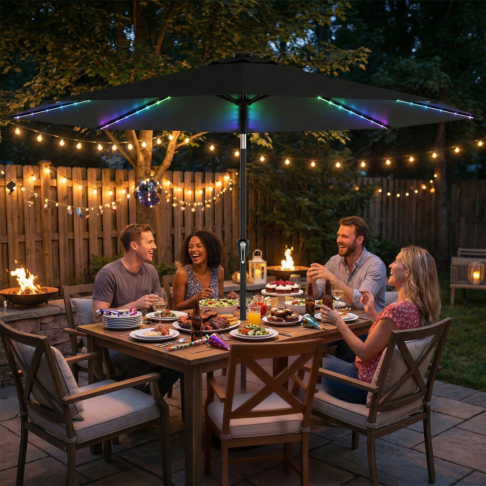 3 M Garden Parasol Umbrella With Led Lights, Patio Umbrella | Black