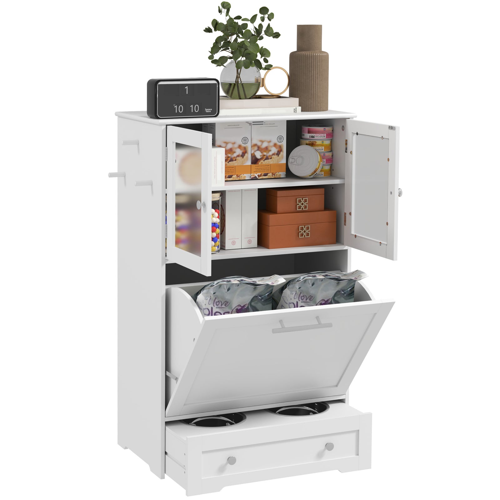 Dog Feeding Station With 2 Storage Cabinets, 2 Elevated Bowls, White