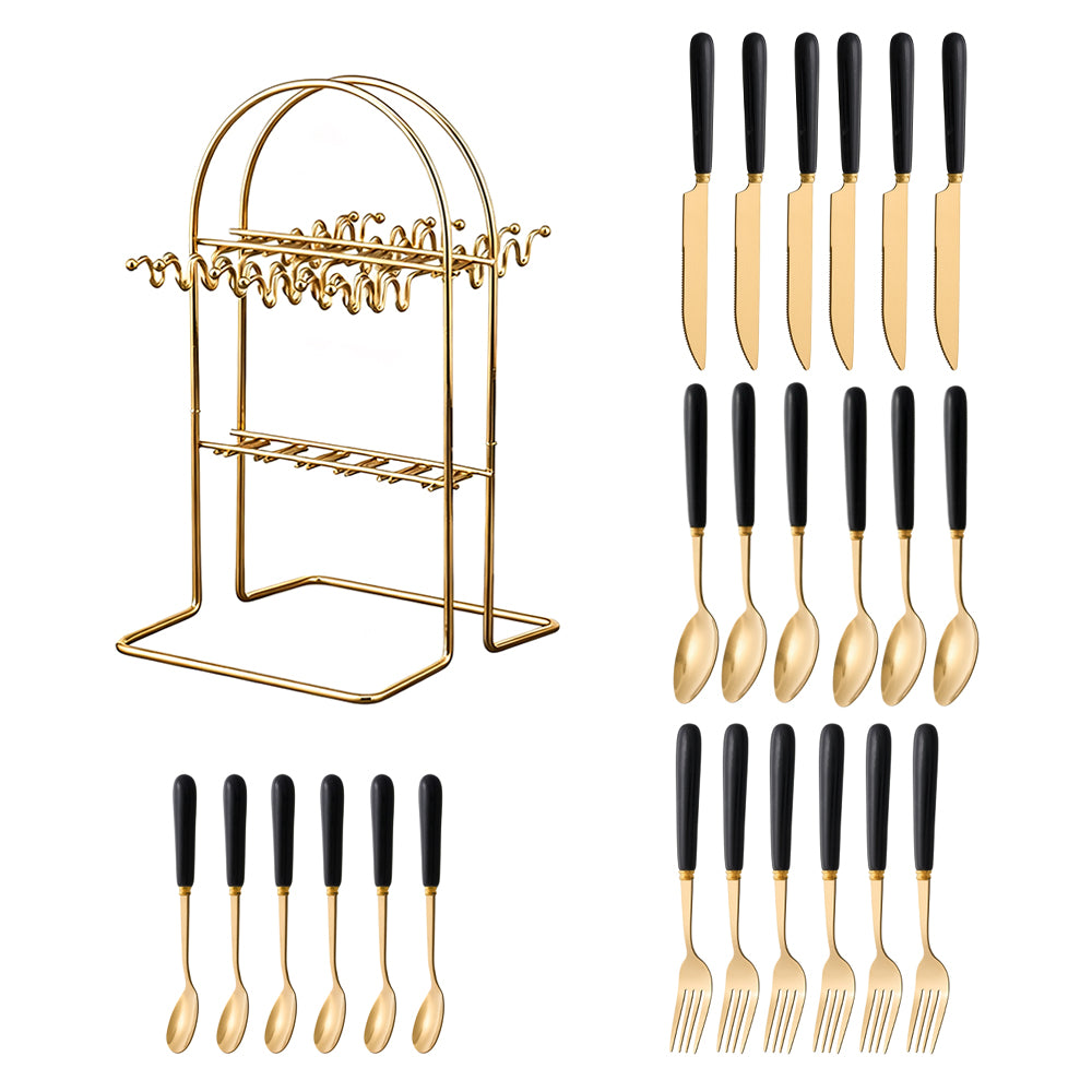 24-piece Stainless Steel Cutlery Set With Storage Rack | Black