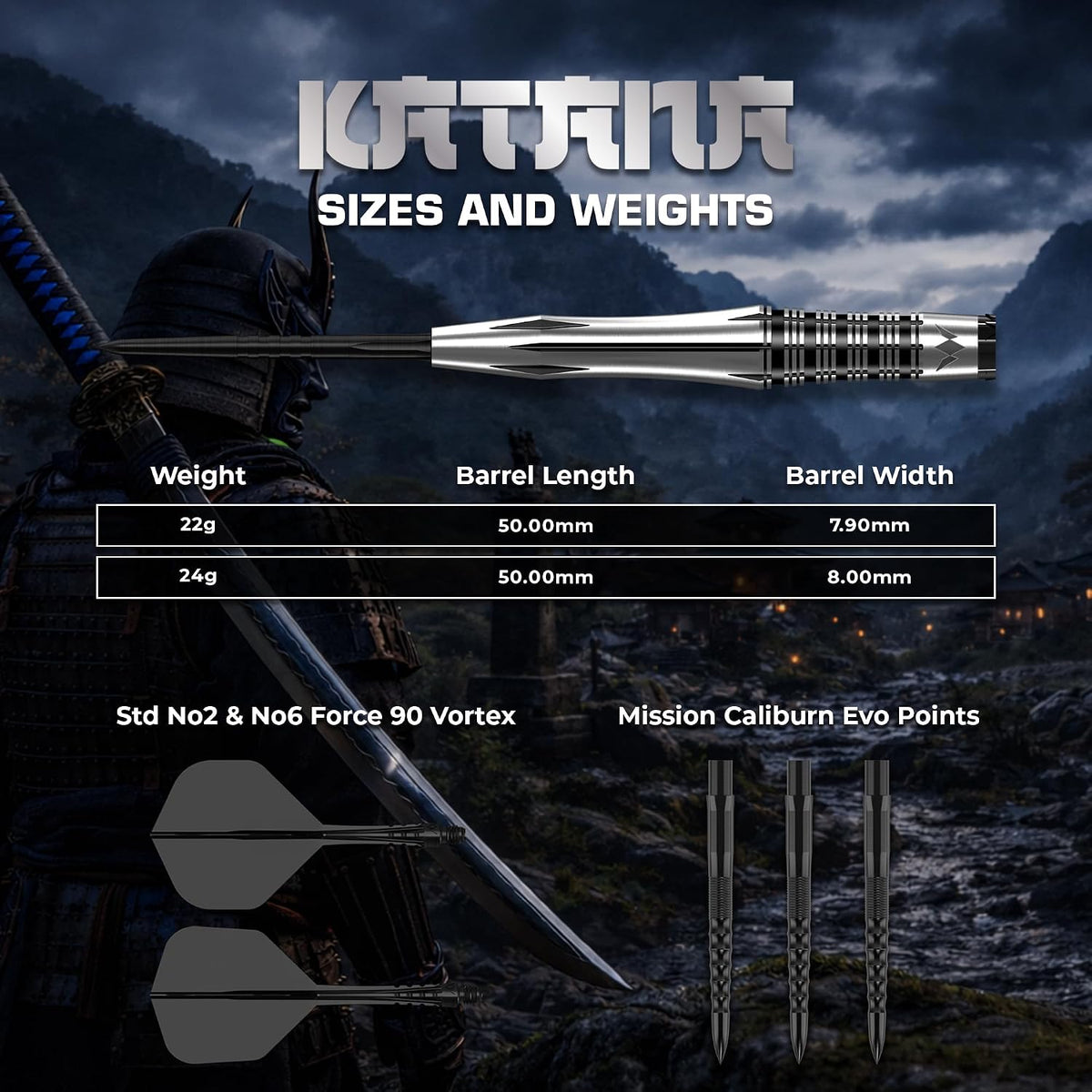 Katana Darts - Steel Tip - 95% Tungsten | 24g | Black