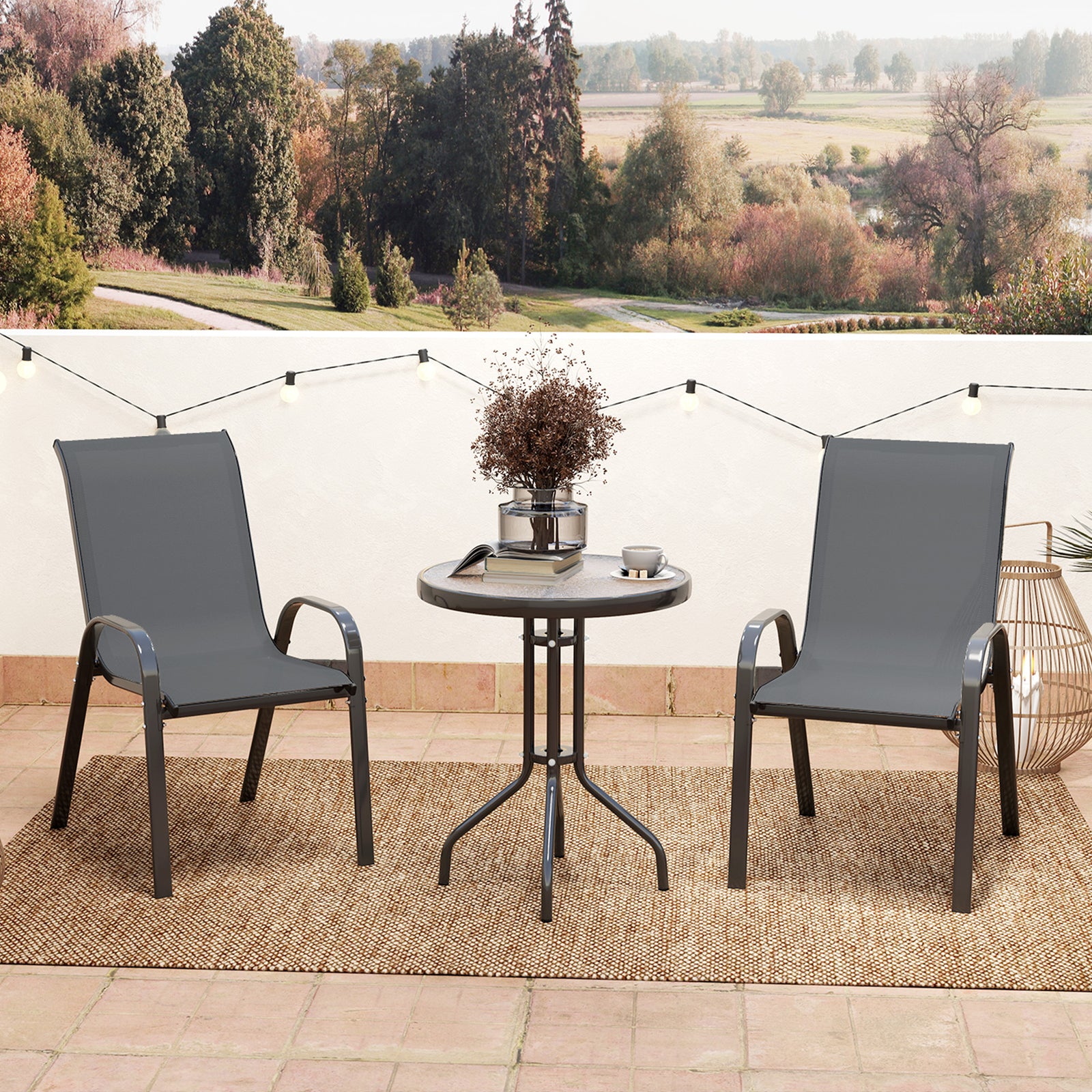 Garden Bistro Set, Small Garden Set W/ Stackable Chairs | Dark Gray
