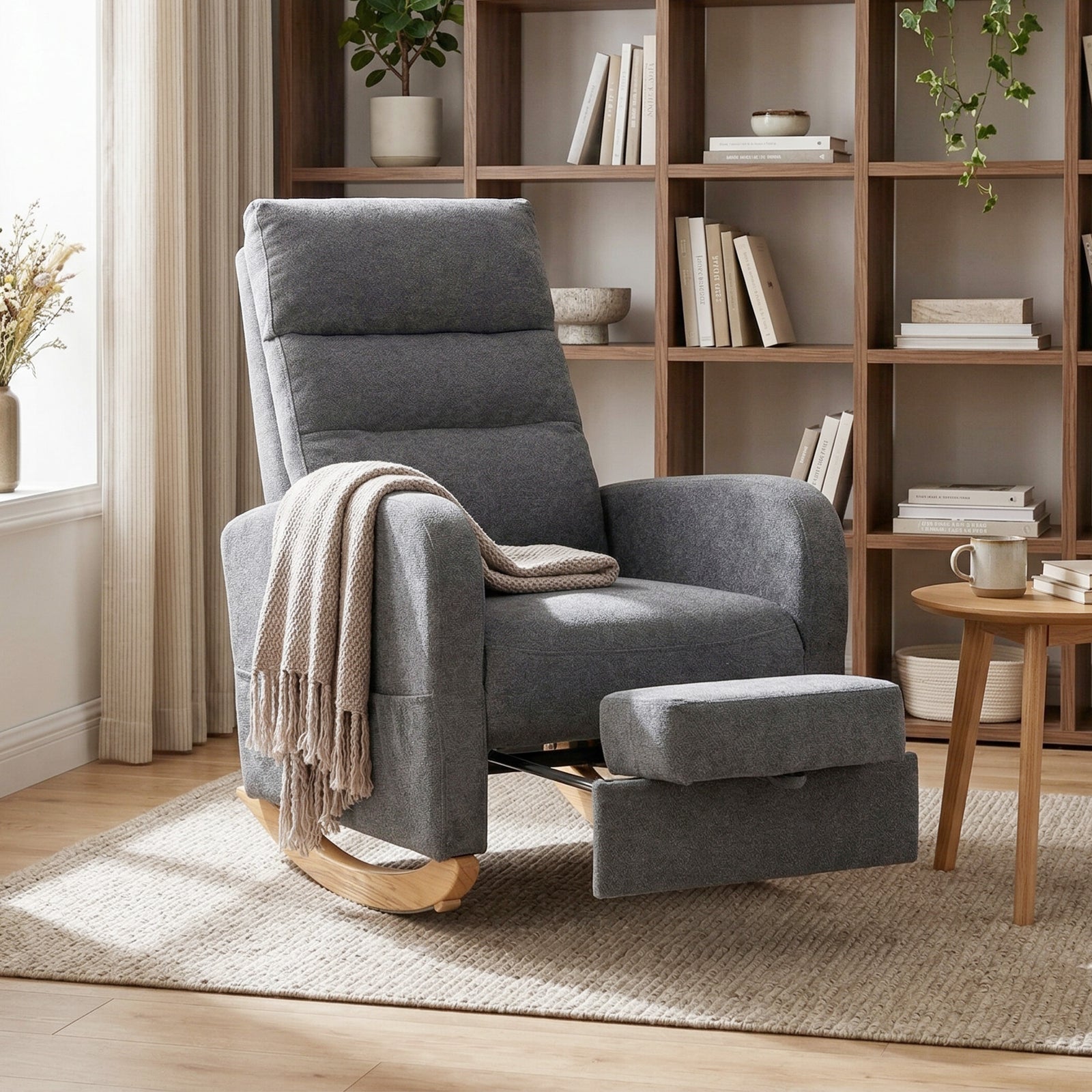 HOMCOM Upholstered Rocking Chair With Retractable Footrest Grey