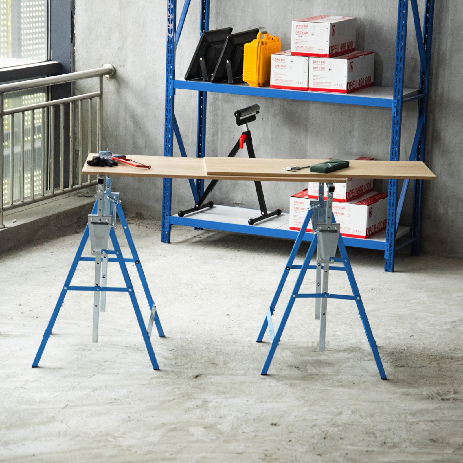 Set Of 2 Steel Saw Horses, Telescopic, Folding | Blue