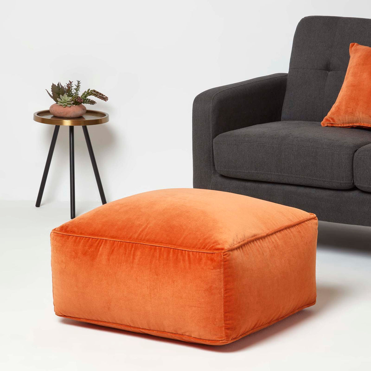 Velvet Pouffe Bean Cube | 60cm x 60cm | Orange