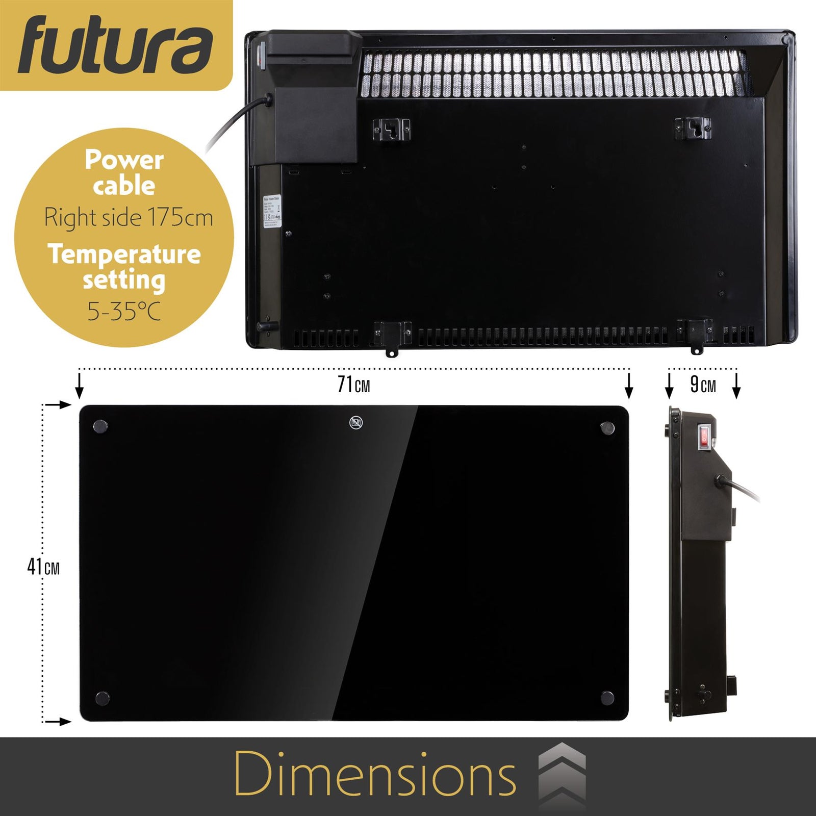 Electric Wifi Glass Radiator Panel Heater Black Wall Mounted Or Floor Standing Bathroom Safe, Timer And Thermostat | 1500w | Black