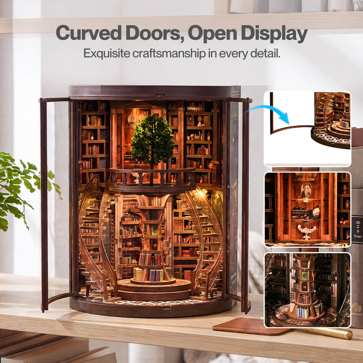 Book Nook Kit For Adults Library Diorama With Led, Shelf Decor, Walnut