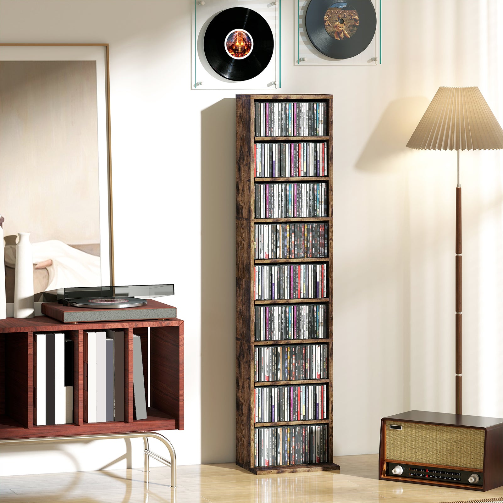 260 Cd Storage Unit 120 Dvd Storage Tower With 9 Compartments | Rustic Brown