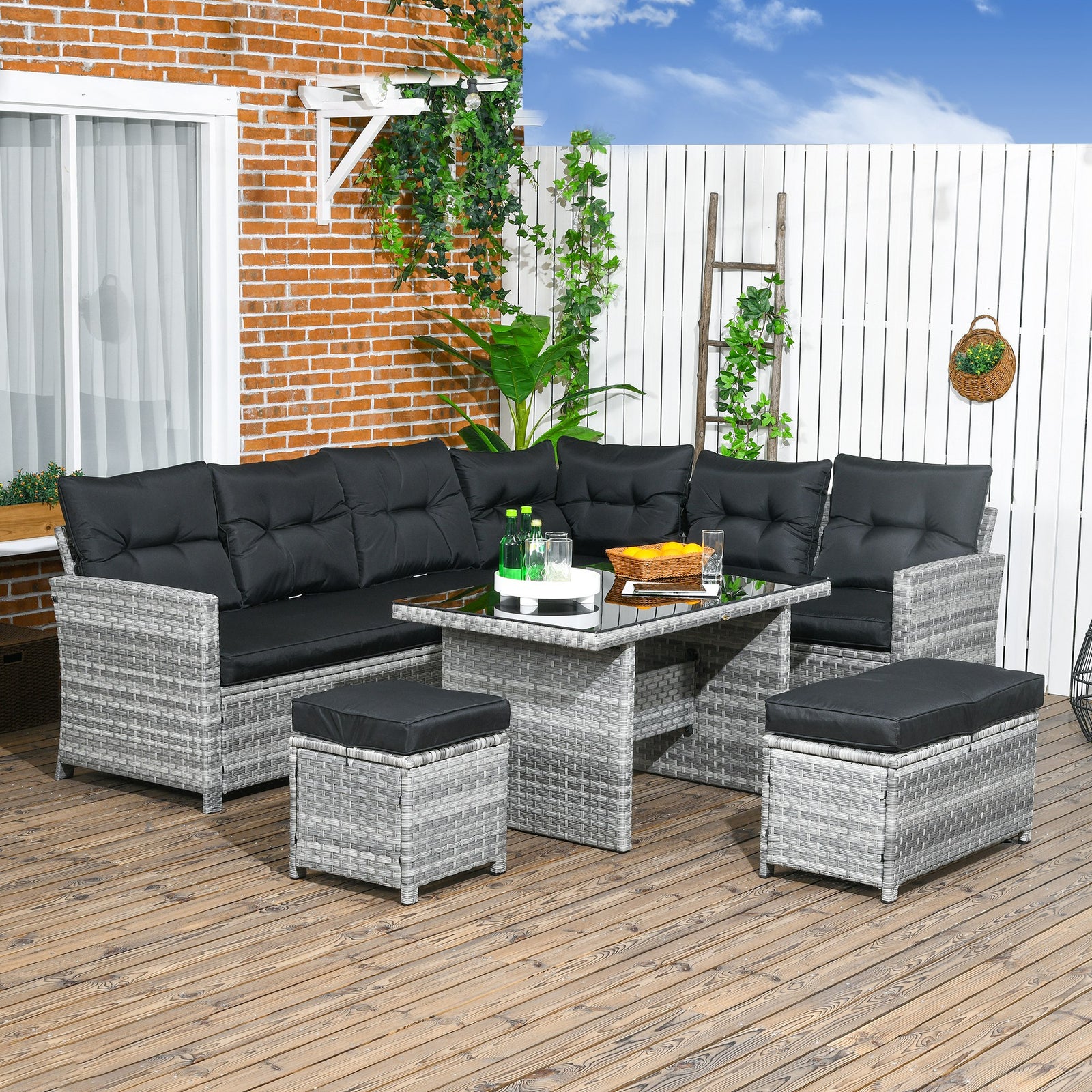 5 Pieces Rattan Set W/ Sofa, Table, Stools, Cushions