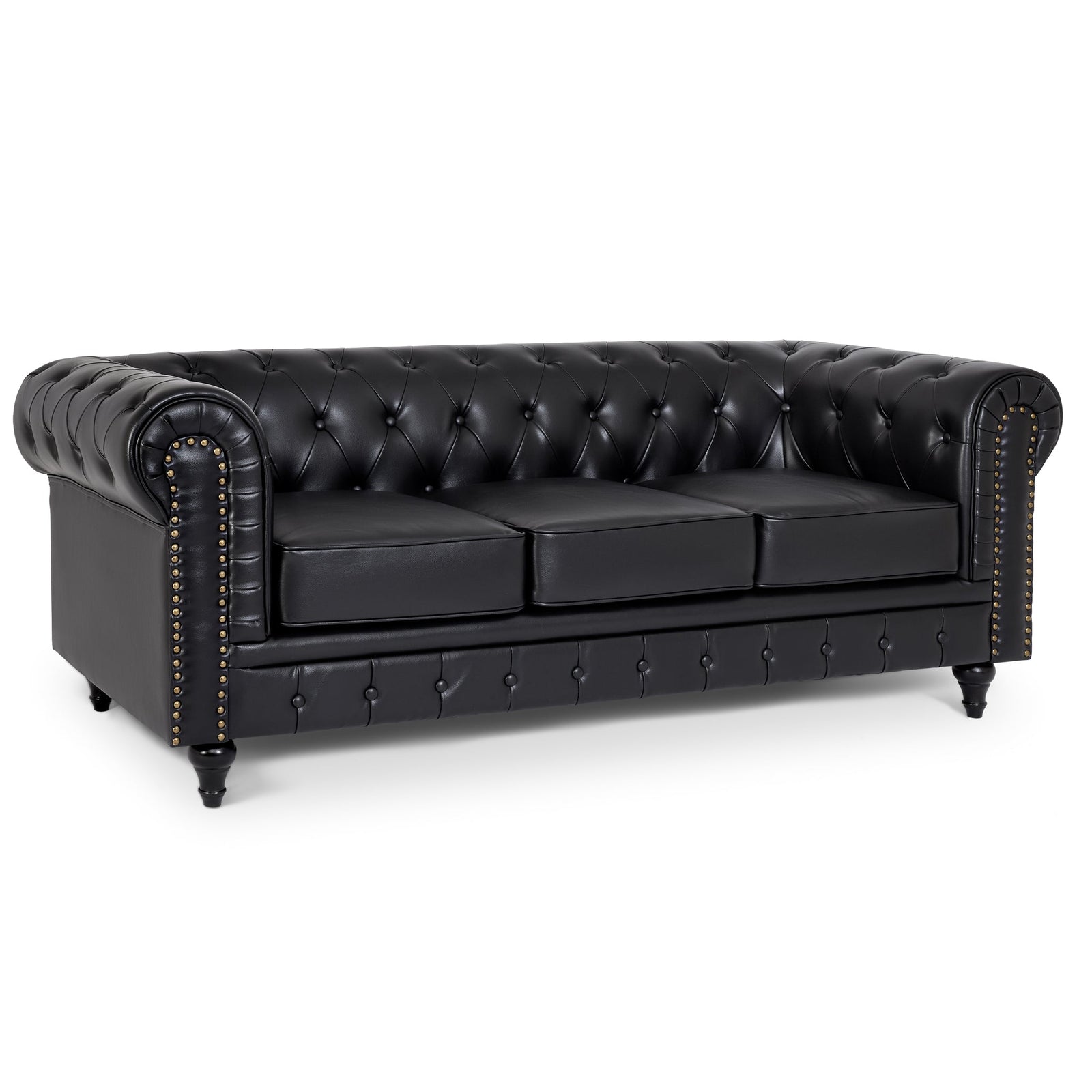 Button Tufted Faux Leather Living Room Sofa - 3 Seater | Black